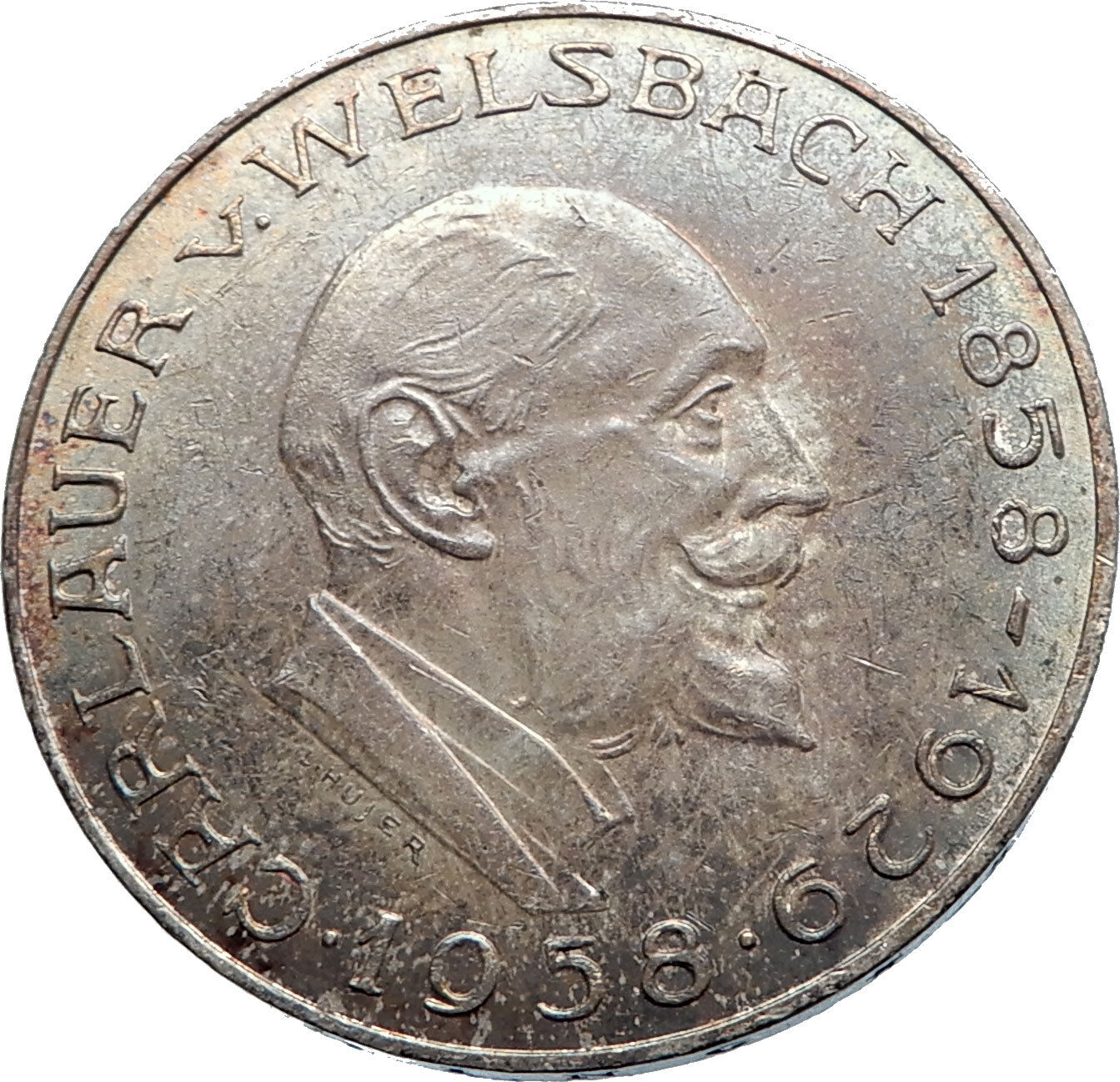 1958 AUSTRIA Chemist Auer von Welsbach Antique Silver 25 Schilling Coin i72018