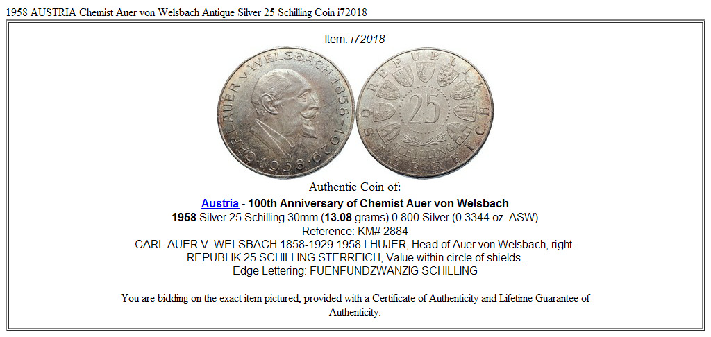 1958 AUSTRIA Chemist Auer von Welsbach Antique Silver 25 Schilling Coin i72018