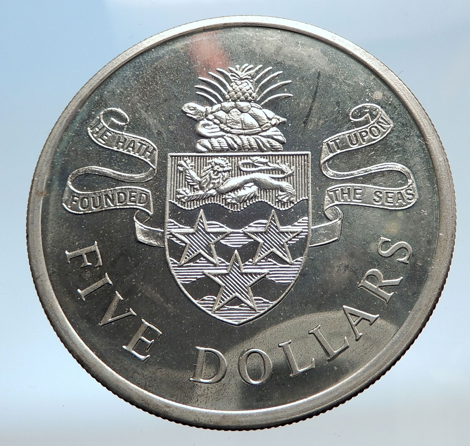 1972 CAYMAN ISLANDS 4.2cm Proof w Queen Elizabeth II Silver $5 Coin i74258