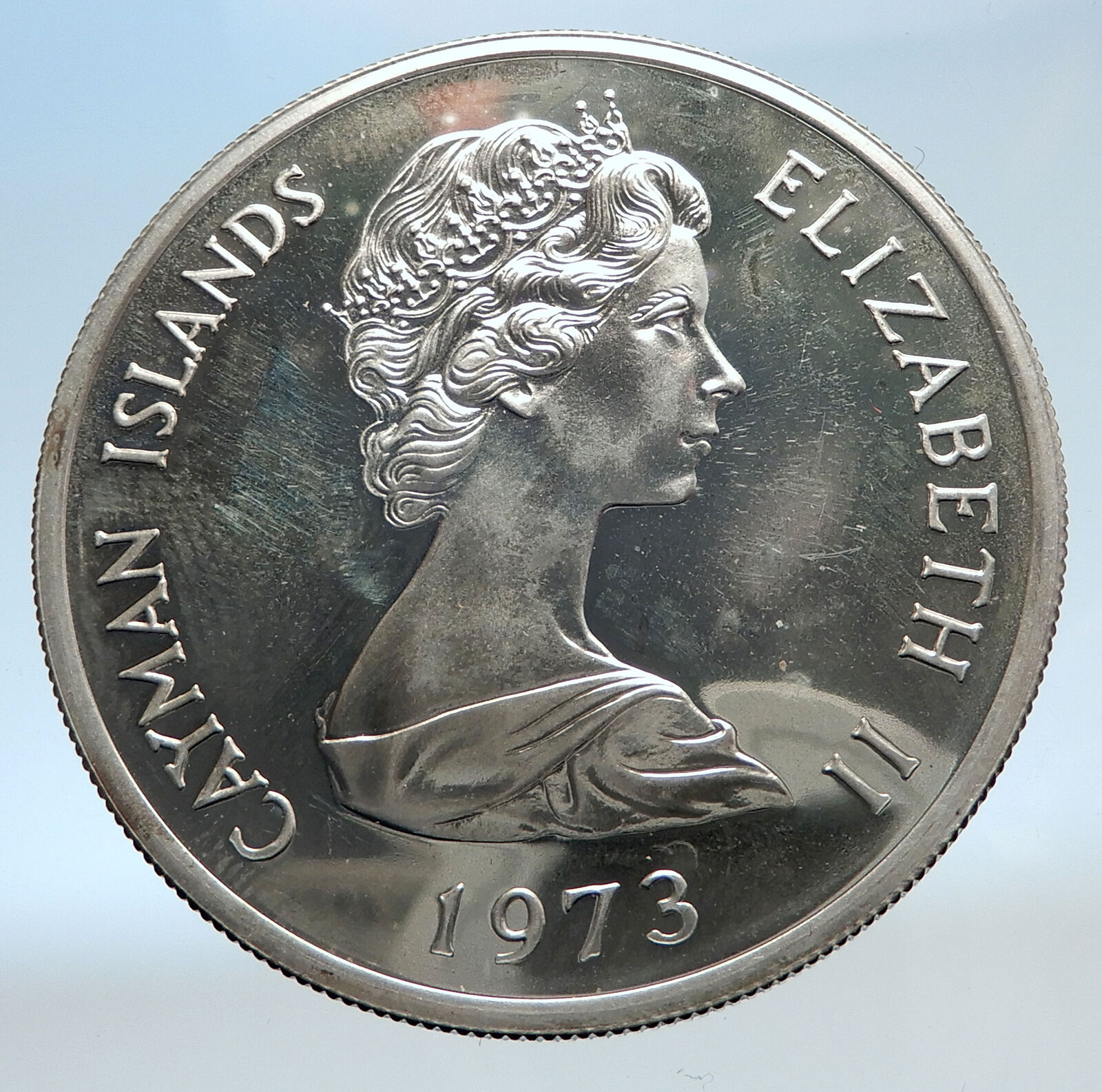 1972 CAYMAN ISLANDS 4.2cm Proof w Queen Elizabeth II Silver $5 Coin i74258