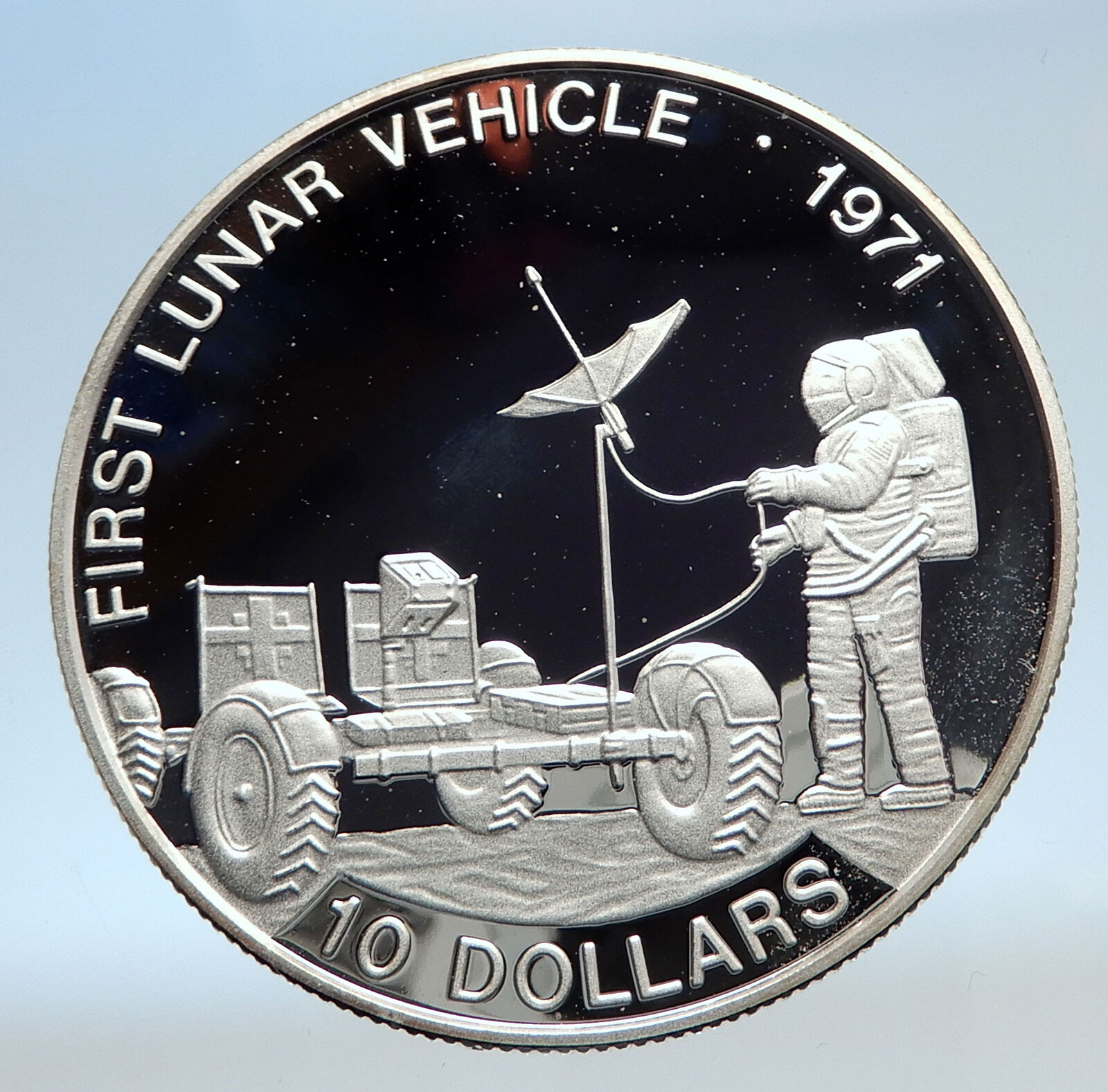 1992 SOLOMON ISLANDS Lunar Vehicle NASA Moon Landing Proof Silver 10 Coin i74264