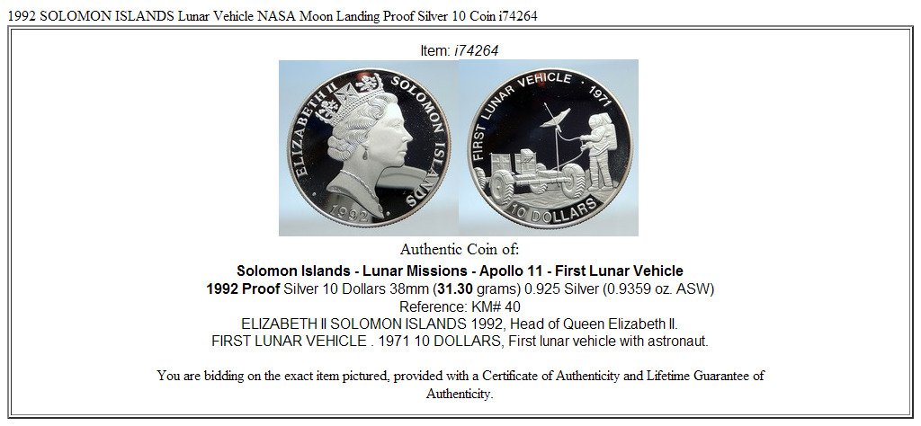 1992 SOLOMON ISLANDS Lunar Vehicle NASA Moon Landing Proof Silver 10 Coin i74264