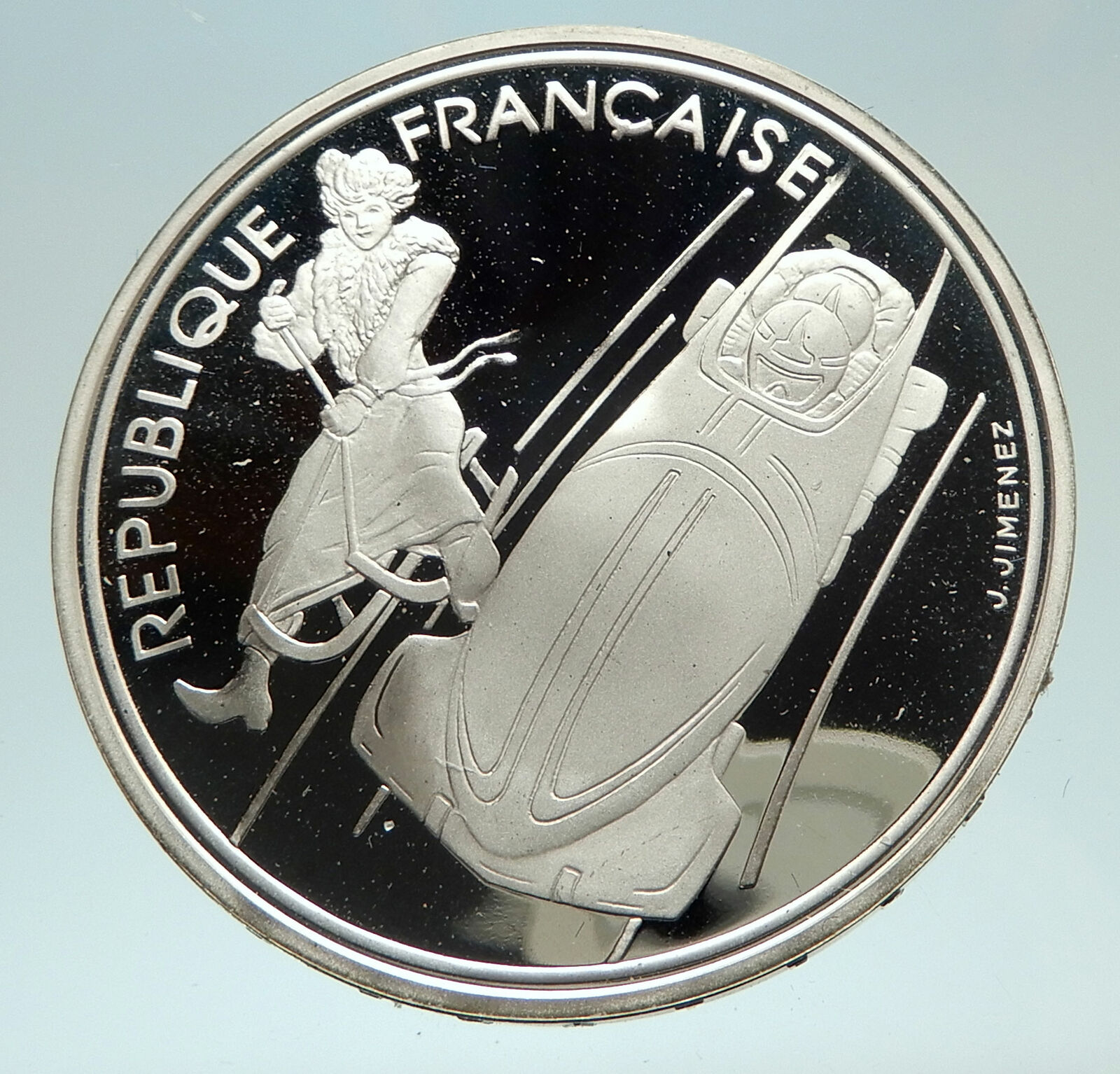 1990 FRANCE Luge Sledding 1992 Olympics VINTAGE Proof Silver 100F Coin i76893