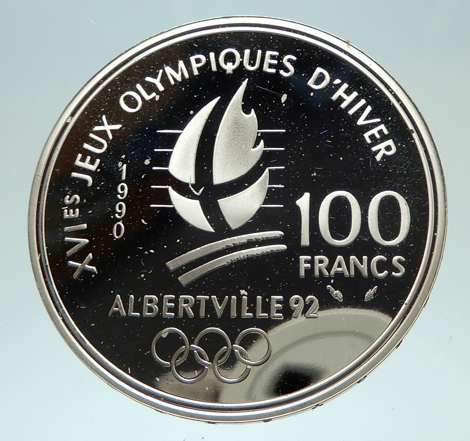 1990 FRANCE Luge Sledding 1992 Olympics VINTAGE Proof Silver 100F Coin i76893