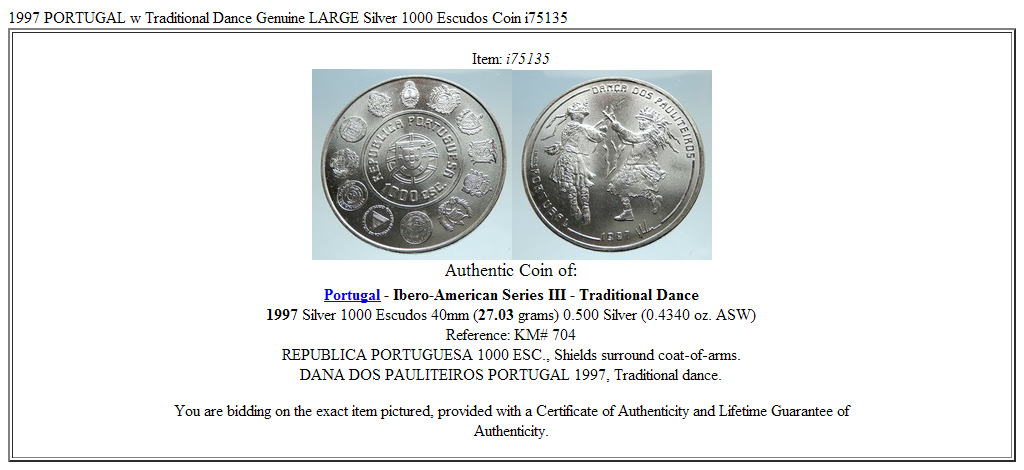 1997 PORTUGAL w Traditional Dance Genuine LARGE Silver 1000 Escudos Coin i75135