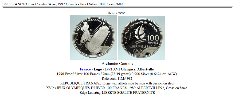 1990 FRANCE Luge Sledding 1992 Olympics VINTAGE Proof Silver 100F Coin i76893