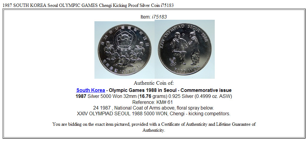 1987 SOUTH KOREA Seoul OLYMPIC GAMES Chengi Kicking Proof Silver Coin i75183