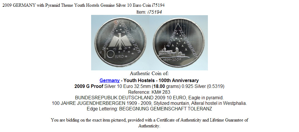 2009 GERMANY with Pyramid Theme Youth Hostels Genuine Silver 10 Euro Coin i75194