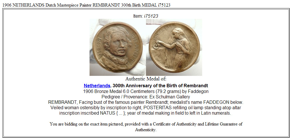 1906 NETHERLANDS Dutch Masterpiece Painter REMBRANDT 300th Birth MEDAL i75123