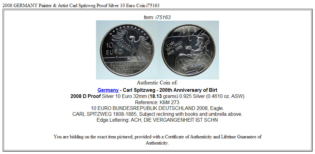 2008 GERMANY Painter & Artist Carl Spitzweg Proof Silver 10 Euro Coin i75163