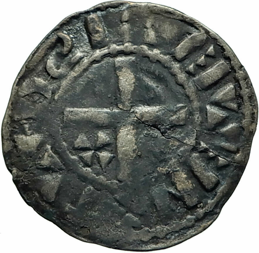 1000-1150AD FRANCE Medieval Feudal Antique Silver Denier Coin w CROSS i76047