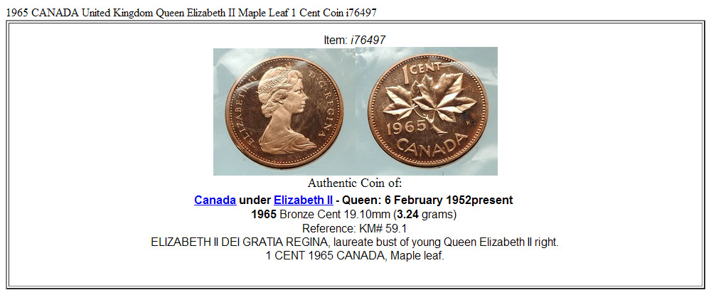 1965 CANADA United Kingdom Queen Elizabeth II Maple Leaf 1 Cent Coin i76497