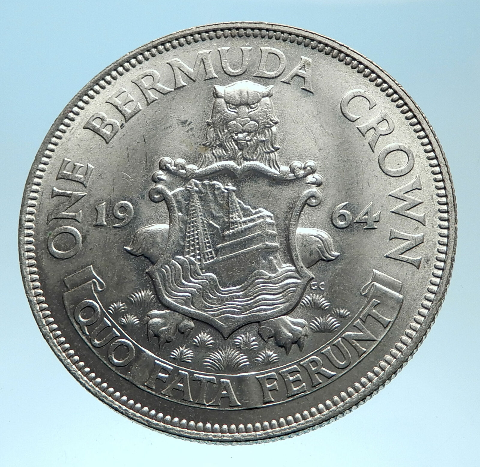 1964 Bermuda British Colony LARGE Elizabeth II Antique Silver Crown Coin i77457