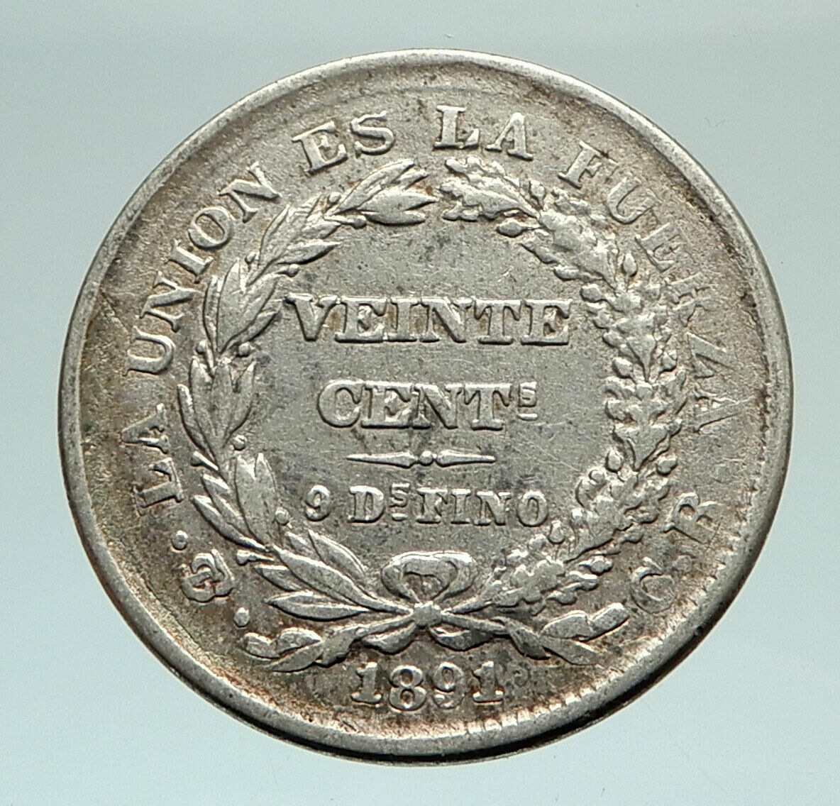 1891 PTS CB Bolivia Antique Floral Reef Genuine 20 Centavos Silver Coin i76982