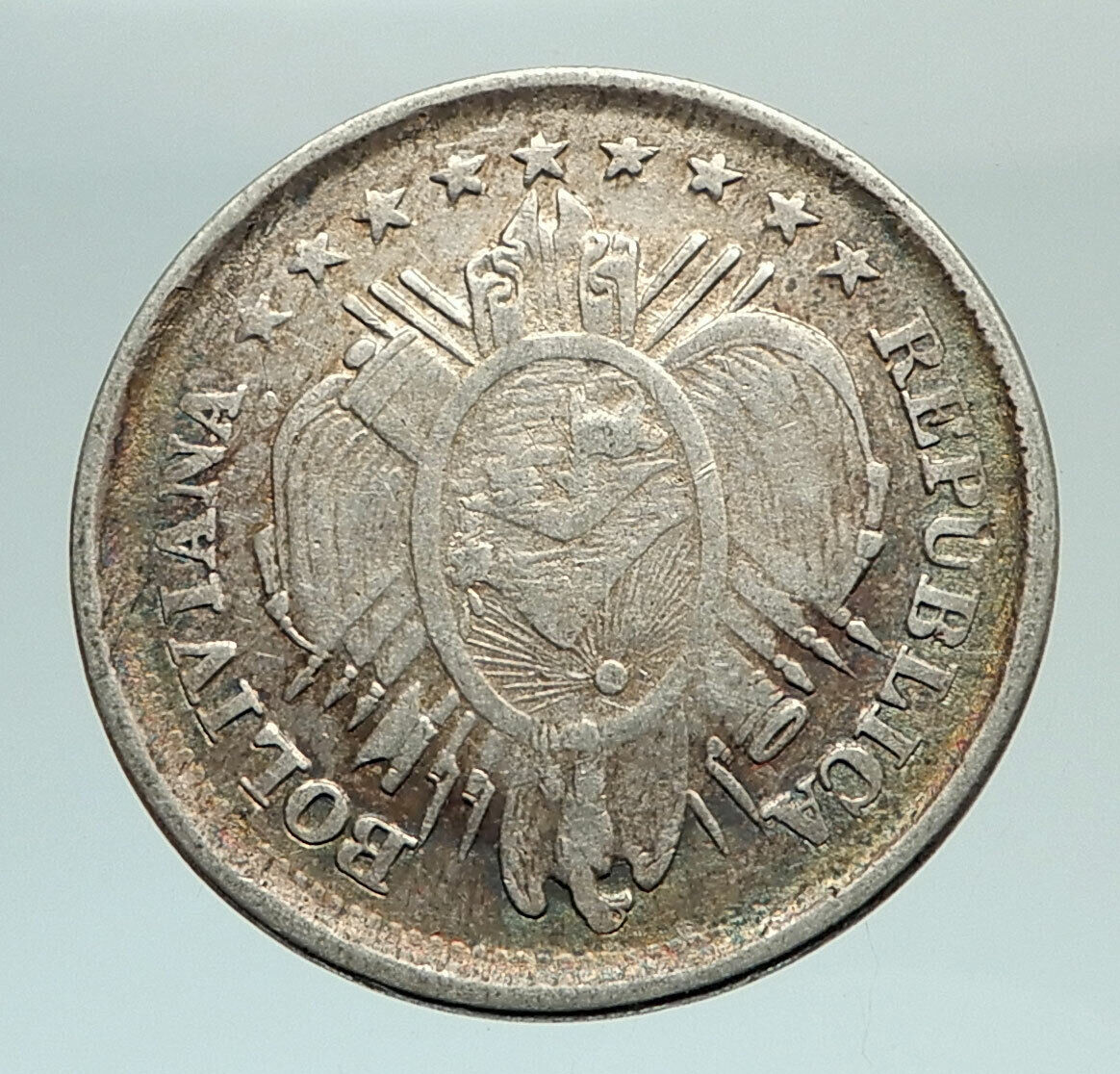 1891 PTS CB Bolivia Antique Floral Reef Genuine 20 Centavos Silver Coin i76982