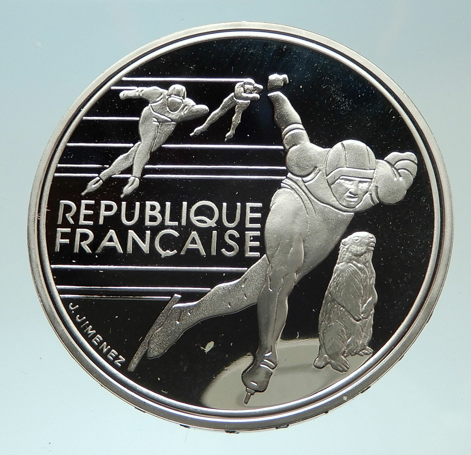 1990 FRANCE Speed Skating 1992 Olympics Proof Silver 100 Francs Coin i76890