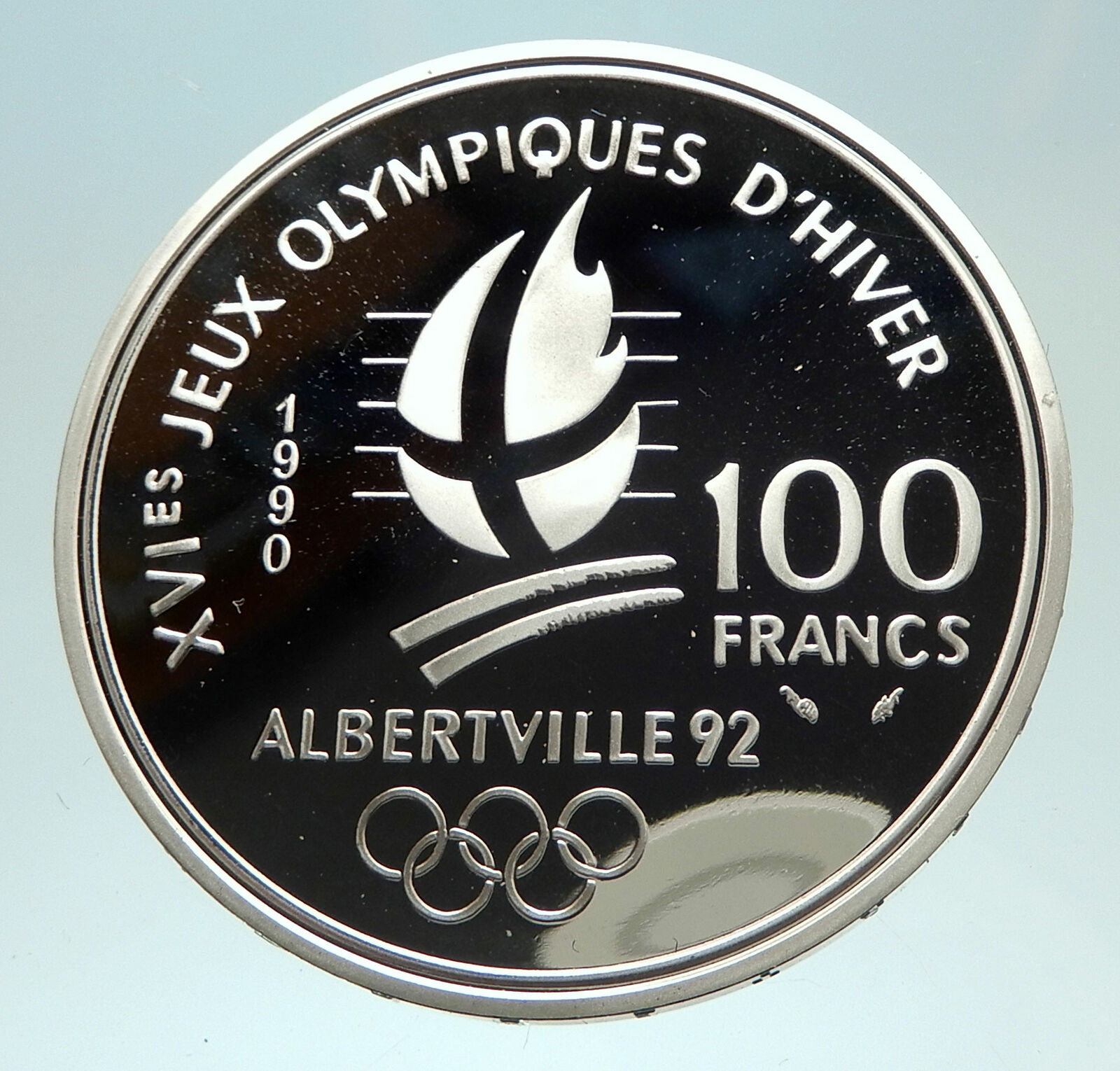 1990 FRANCE Speed Skating 1992 Olympics Proof Silver 100 Francs Coin i76890