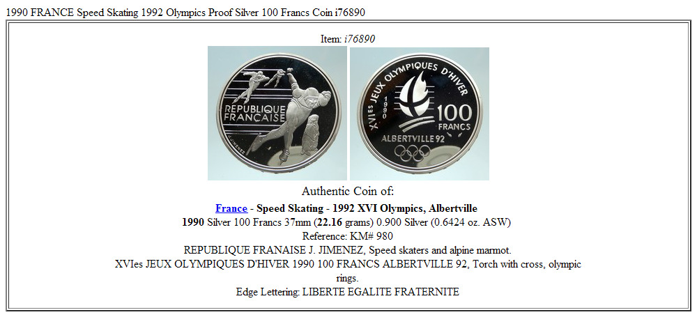 1990 FRANCE Speed Skating 1992 Olympics Proof Silver 100 Francs Coin i76890