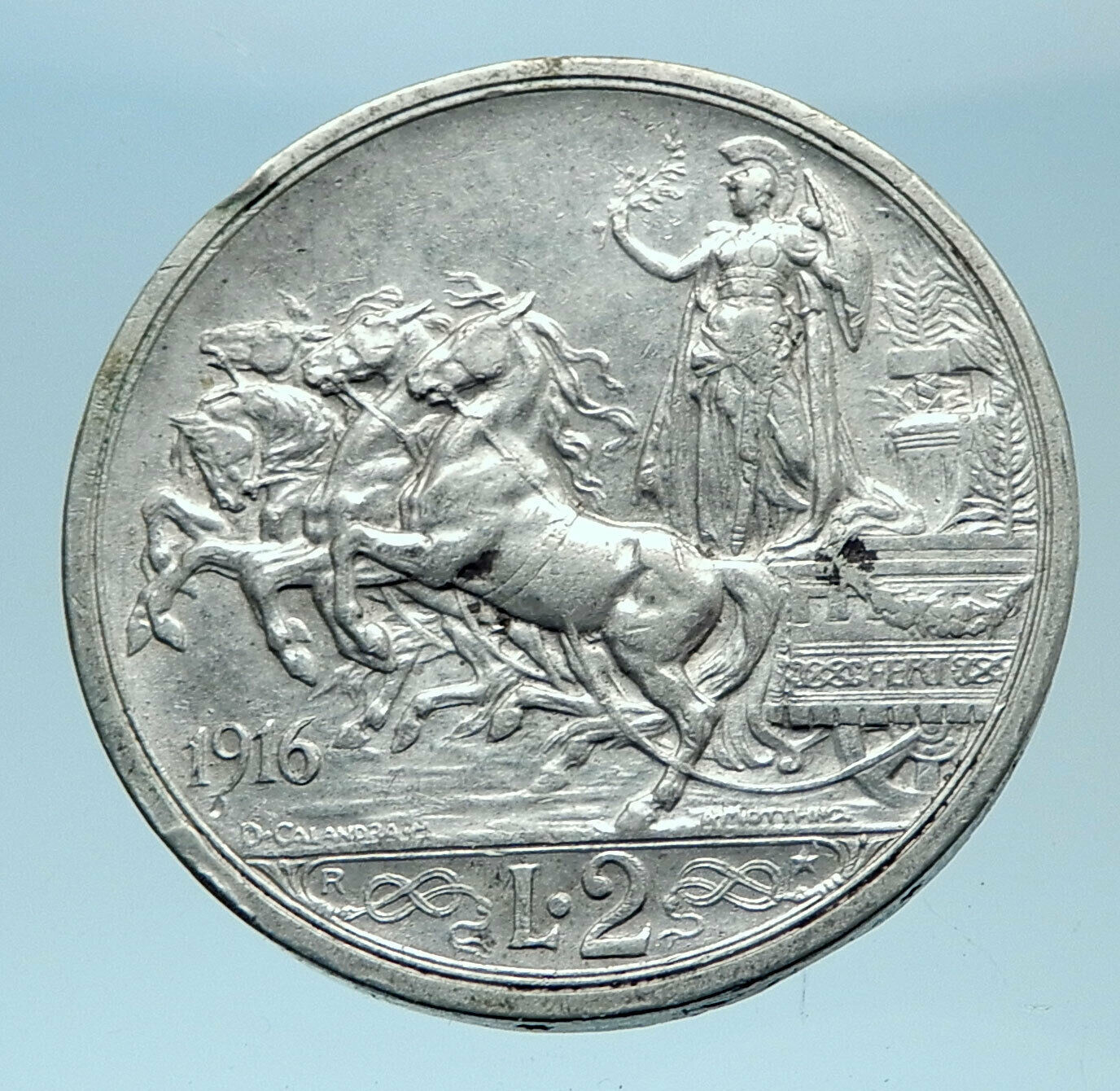 1916 ITALY King Victor Emmanuel III HORSES Silver Italian 2 Lire Coin i77947