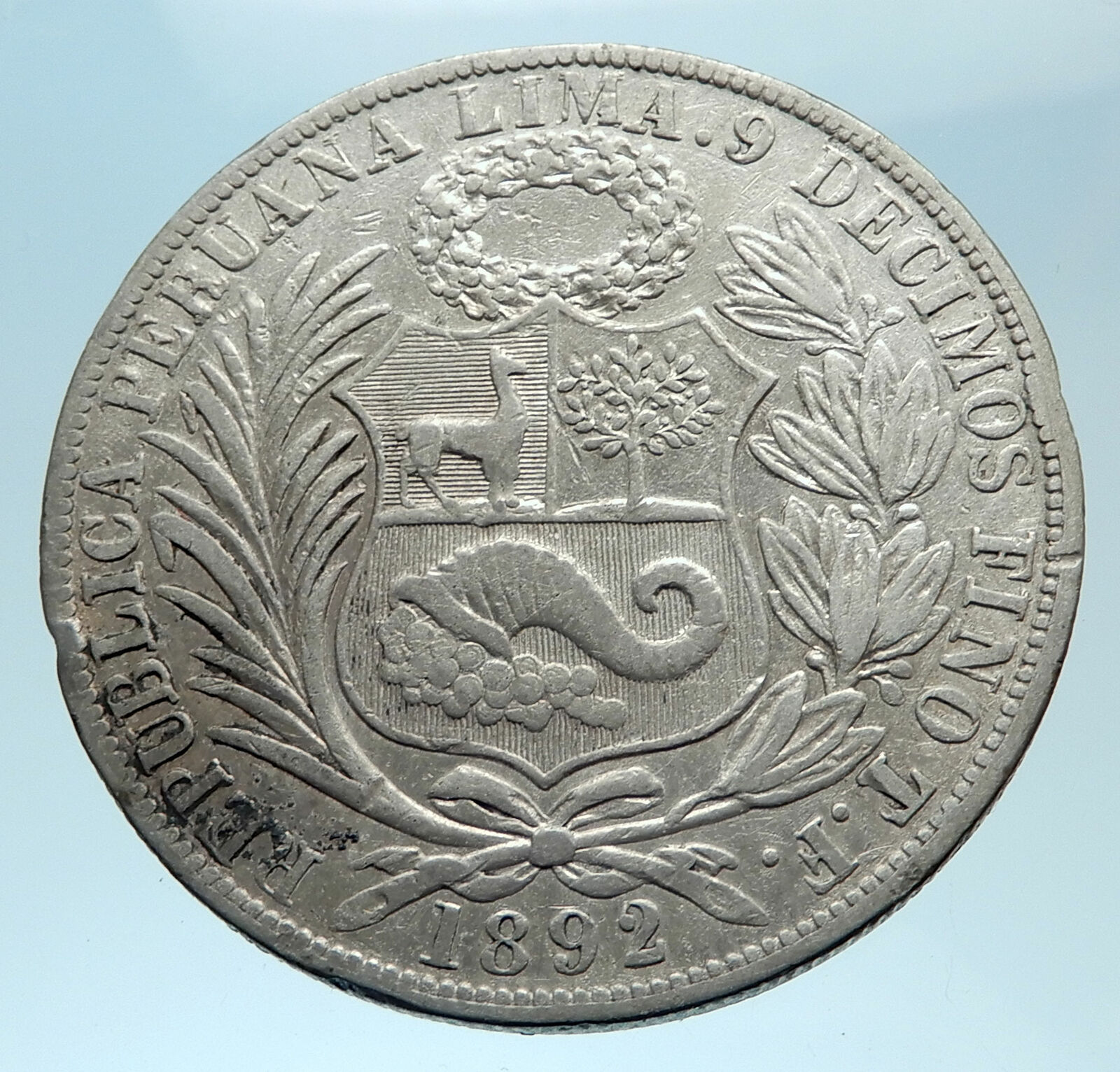 1892 PERU South America 1 SOL Antique BIG Original Silver Peruvian Coin i78219