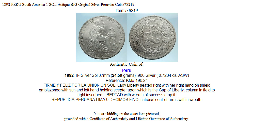 1892 PERU South America 1 SOL Antique BIG Original Silver Peruvian Coin i78219