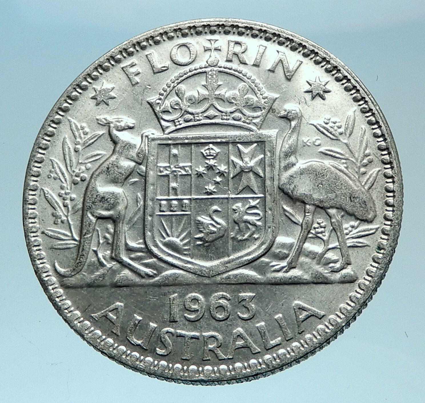 1963 AUSTRALIA - UK Queen Elizabeth II SILVER FLORIN Coat-of-Arms Coin i78106