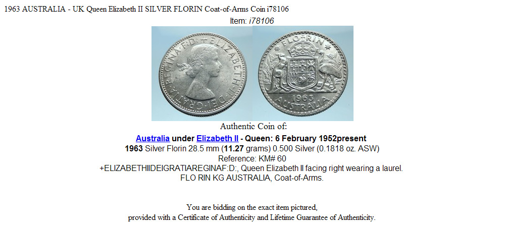 1963 AUSTRALIA - UK Queen Elizabeth II SILVER FLORIN Coat-of-Arms Coin i78106