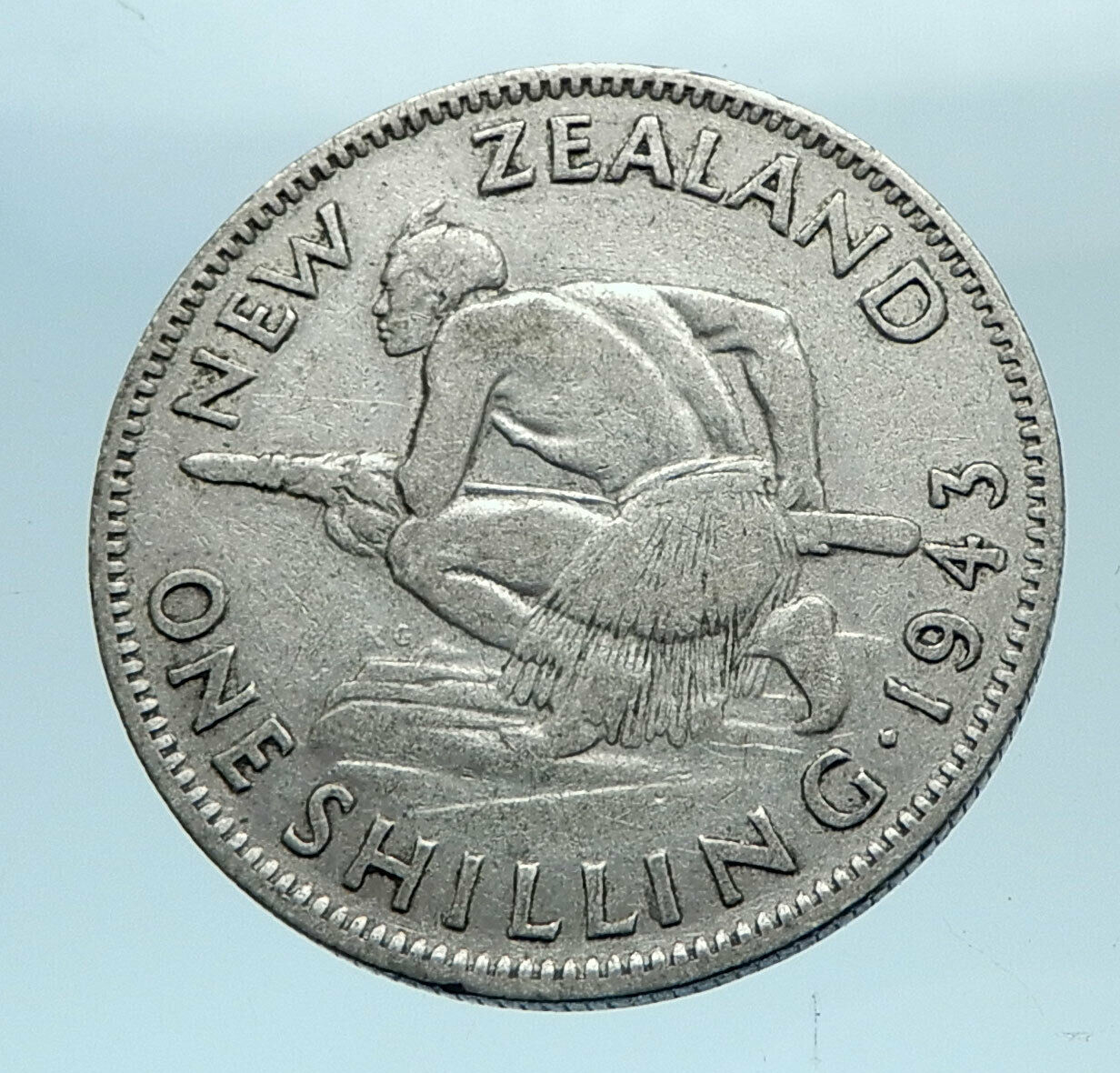 1943 NEW ZEALAND UK GEORGE VI Native Maori Warrior Silver Shilling Coin i78159