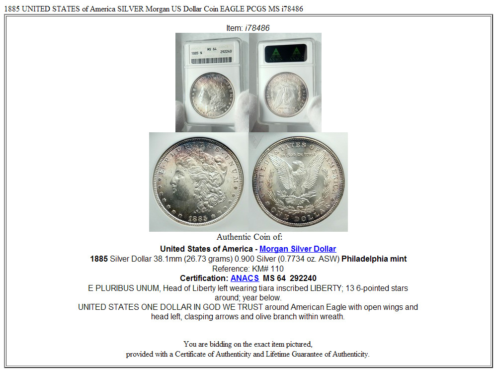 1885 UNITED STATES of America SILVER Morgan US Dollar Coin EAGLE PCGS MS i78486