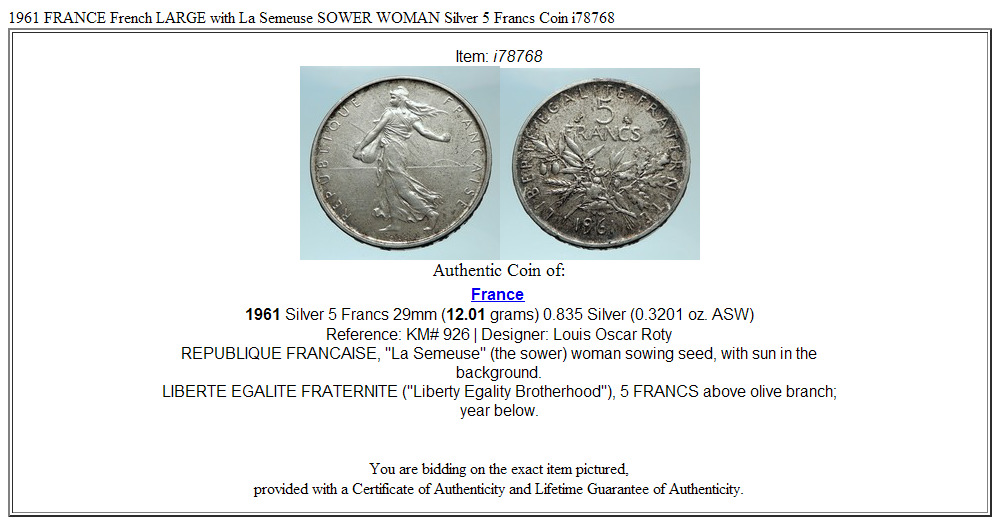 1961 FRANCE French LARGE with La Semeuse SOWER WOMAN Silver 5 Francs Coin i78768