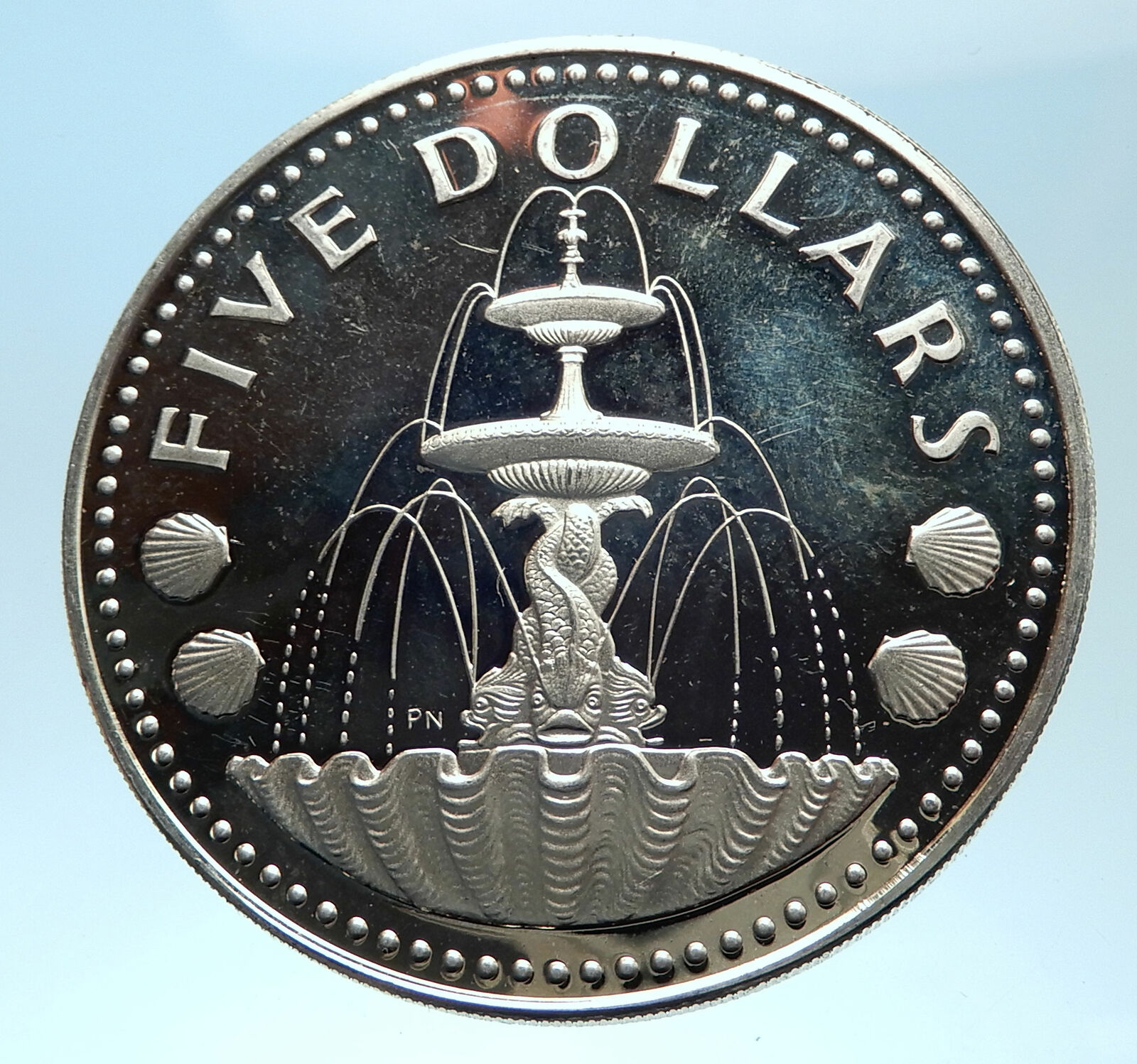1973 BARBADOS Proof Arms Fountain Trafalgar Antique Silver 5 Dollars Coin i77461