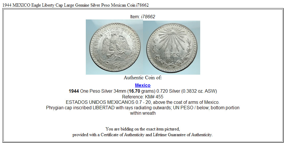 1944 MEXICO Eagle Liberty Cap Large Genuine Silver Peso Mexican Coin i78662