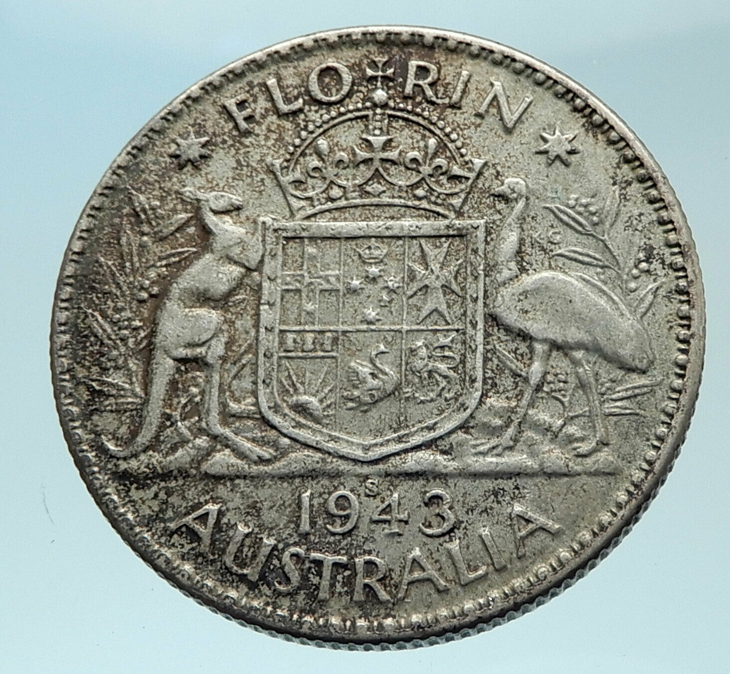 1943 AUSTRALIA Large King George VI Kangaroos Antique Silver Florin Coin i78810