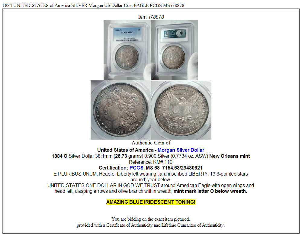 1884 UNITED STATES of America SILVER Morgan US Dollar Coin EAGLE PCGS MS i78878