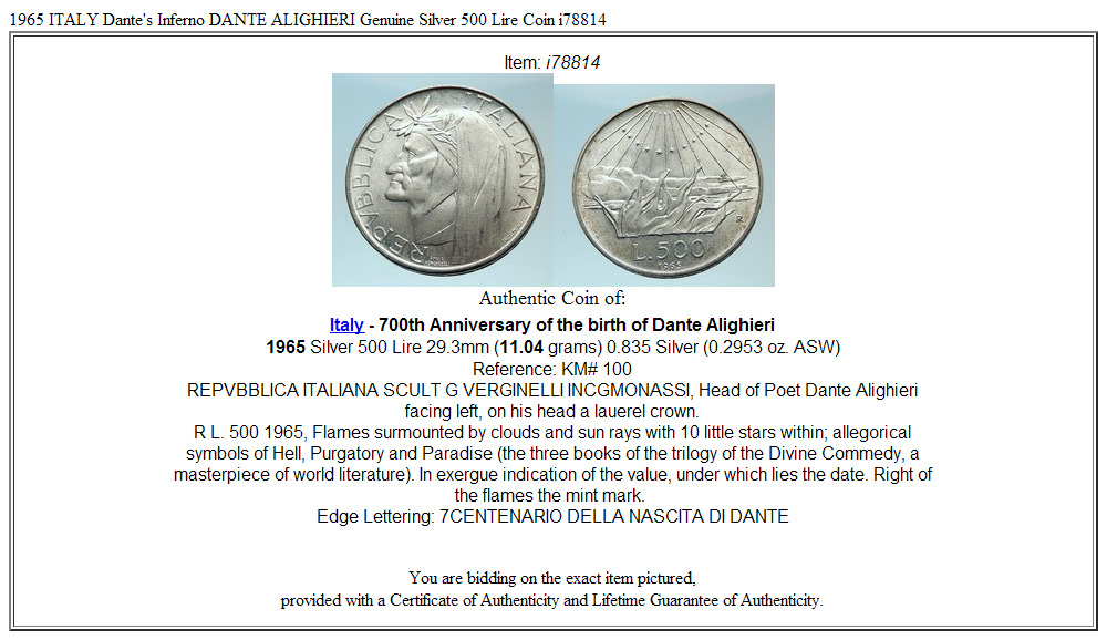 1965 ITALY Dante's Inferno DANTE ALIGHIERI Genuine Silver 500 Lire Coin i78814