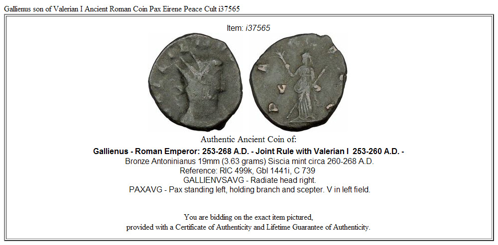 Gallienus son of Valerian I Ancient Roman Coin Pax Eirene Peace Cult i37565