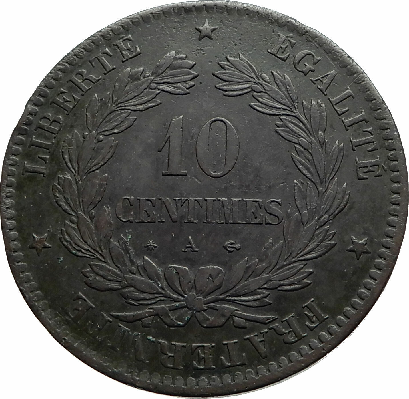 1870 FRANCE Fertility Goddess Ceres Genuine 10 Centimes French Coin i79482