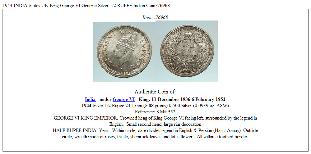 1944 INDIA States UK King George VI Genuine Silver 1/2 RUPEE Indian Coin i76968