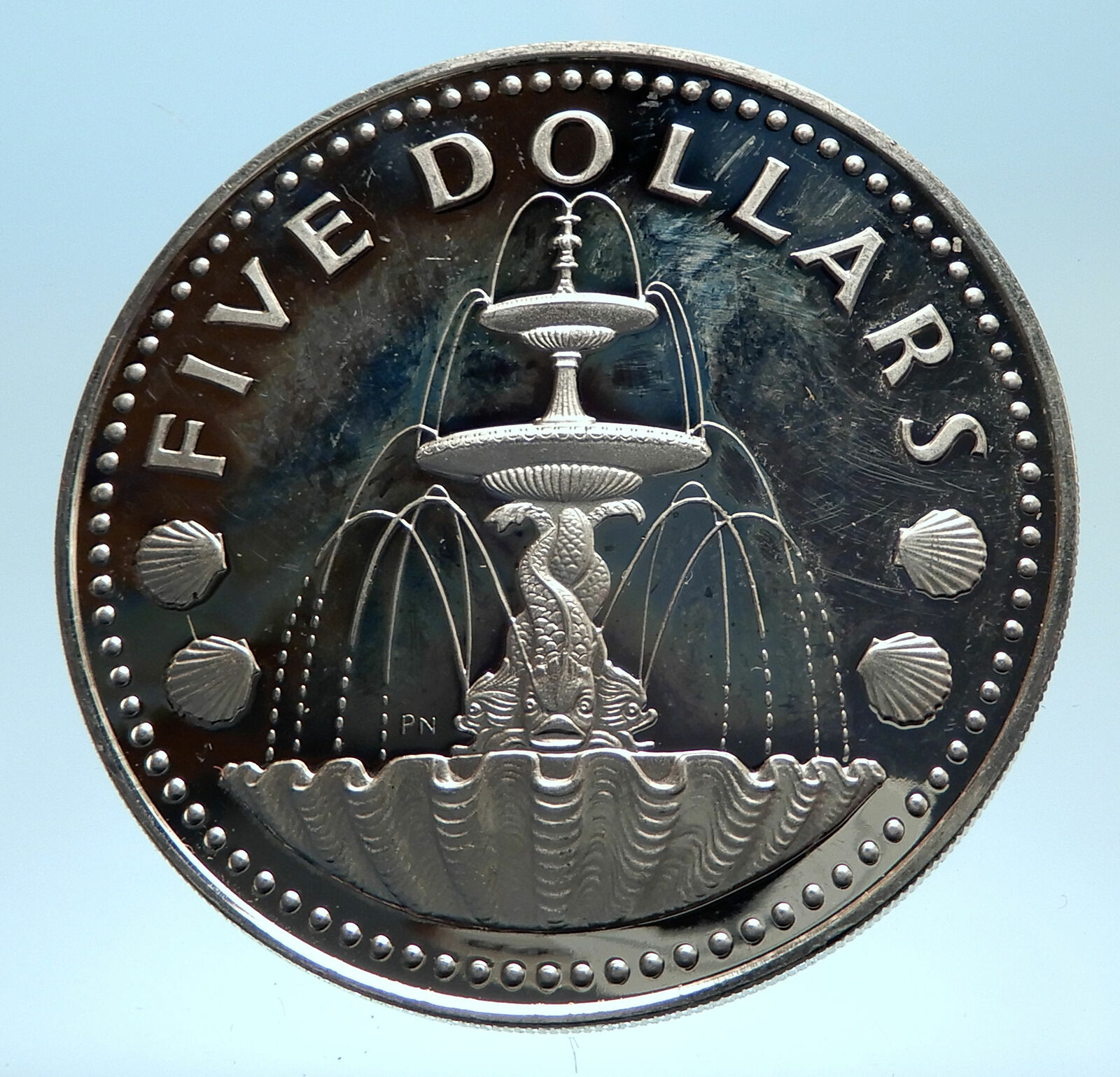 1973 BARBADOS Proof Arms Fountain Trafalgar Genuine Silver 5 Dollars Coin i77451