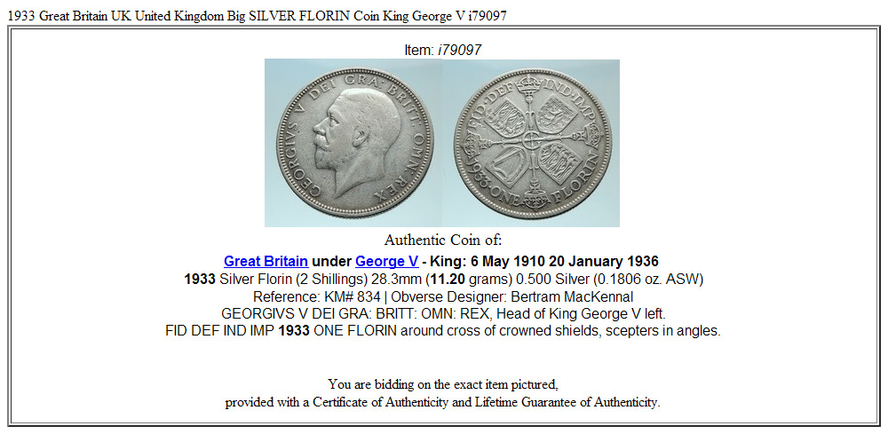 1933 Great Britain UK United Kingdom Big SILVER FLORIN Coin King George V i79097