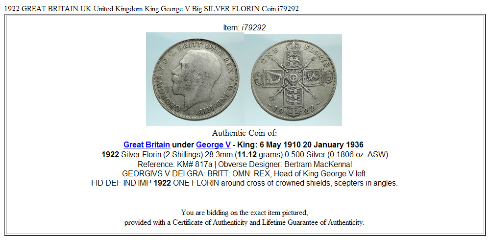 1922 GREAT BRITAIN UK United Kingdom King George V Big SILVER FLORIN Coin i79292