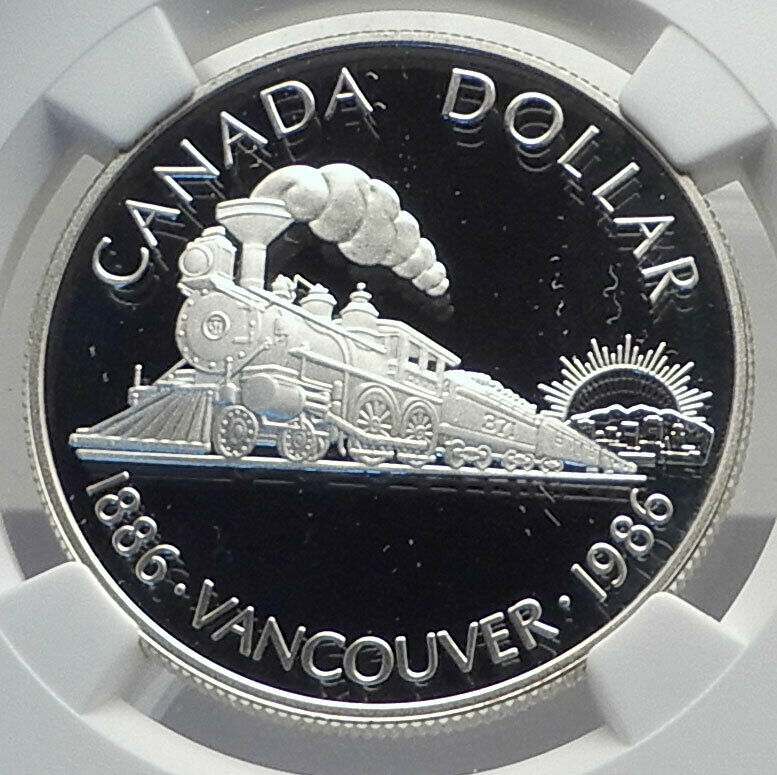 1986 CANADA Vancouver UK Queen Elizabeth II Train Proof Silver Coin NGC i79861