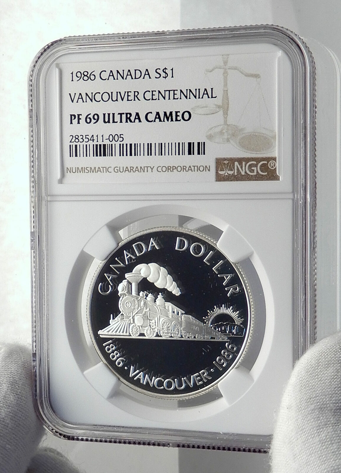 1986 CANADA Vancouver UK Queen Elizabeth II Train Proof Silver Coin NGC i79861