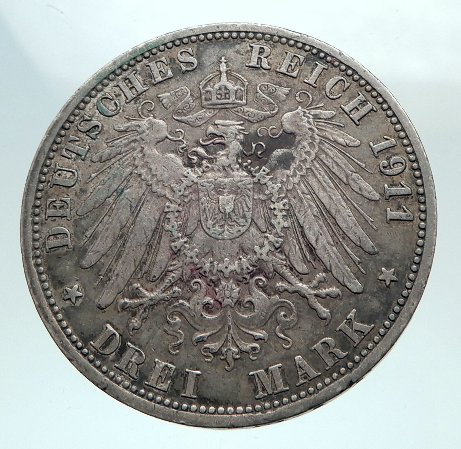 1911 PRUSSIA KINGDOM Germany WILHELM II Genuine Silver 3 Mark German Coin i80151