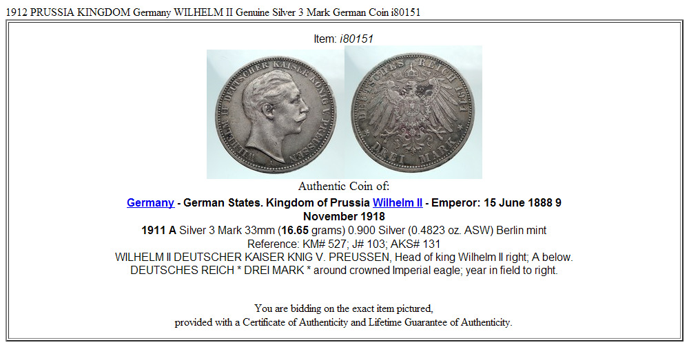 1911 PRUSSIA KINGDOM Germany WILHELM II Genuine Silver 3 Mark German Coin i80151