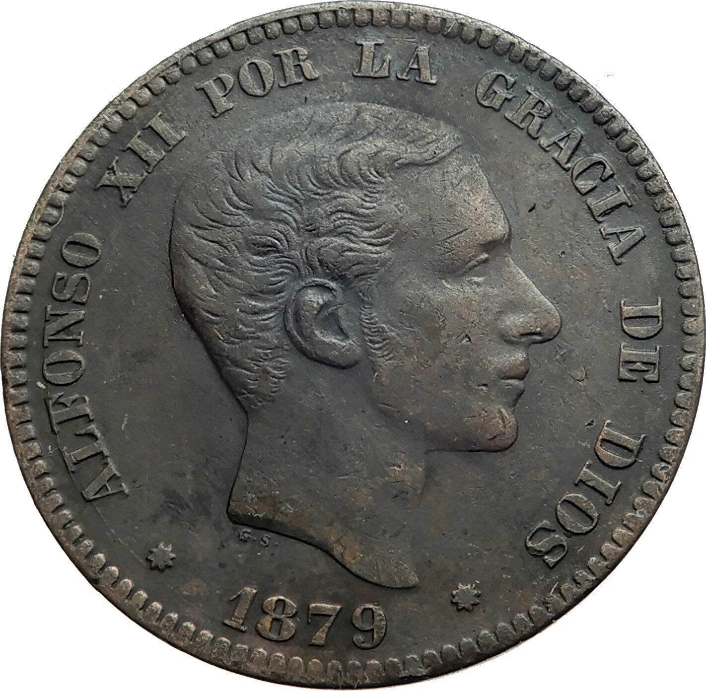 1879 SPAIN w King ALFONSO XII Genuine Antique 10 Centimos SPANISH Coin i79450