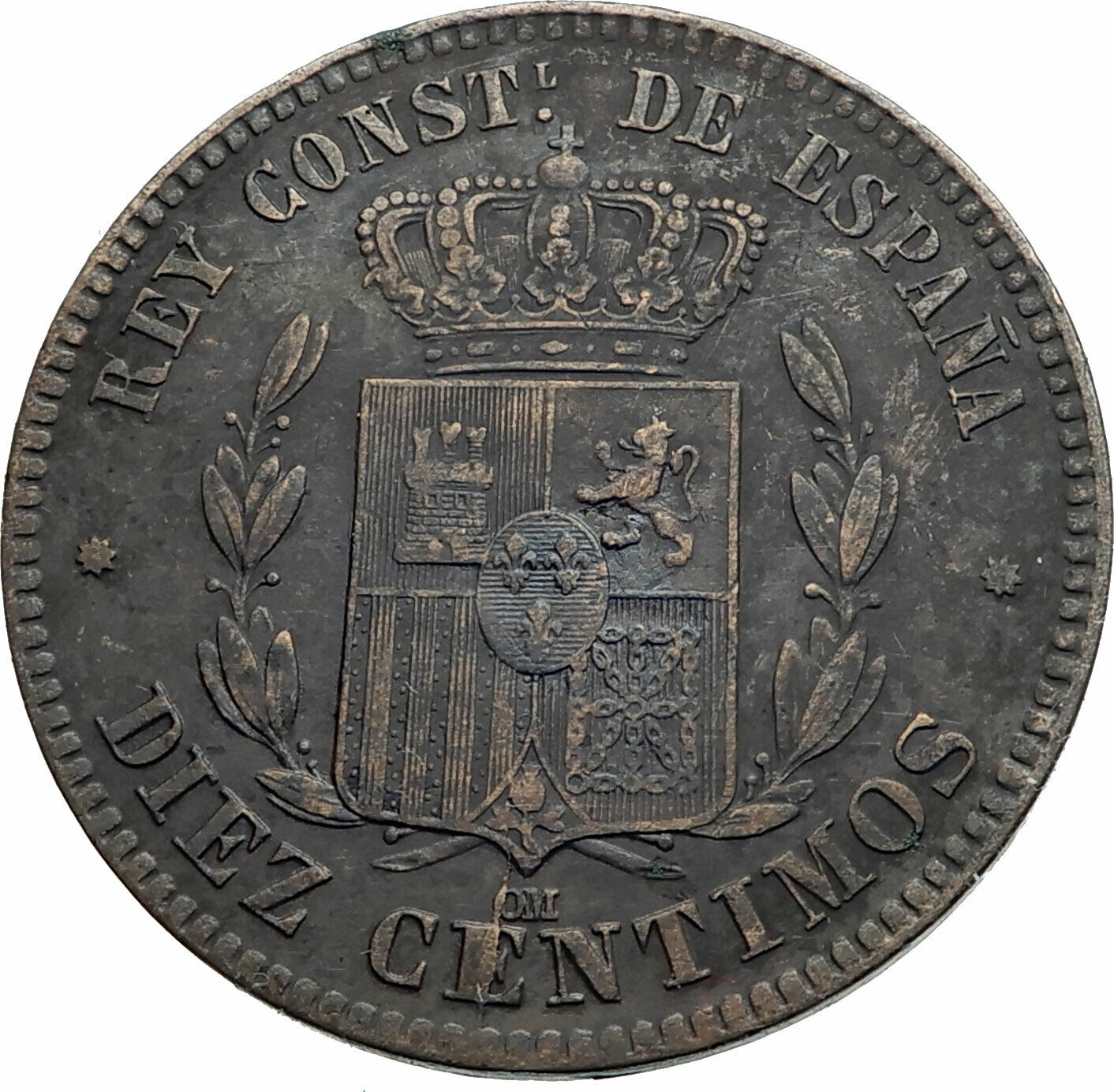 1879 SPAIN w King ALFONSO XII Genuine Antique 10 Centimos SPANISH Coin i79450