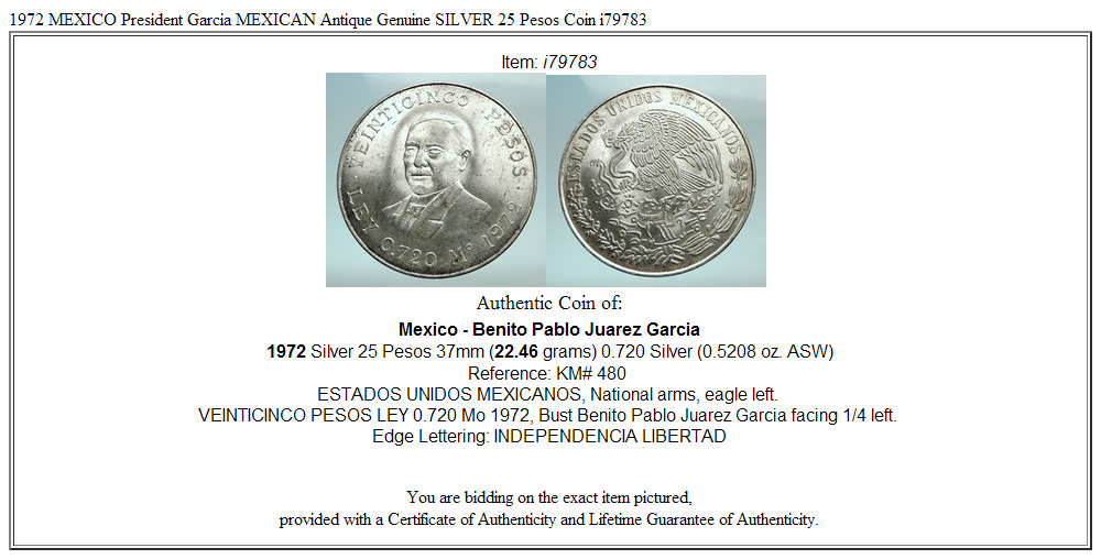 1972 MEXICO President Garcia MEXICAN Antique Genuine SILVER 25 Pesos Coin i79783