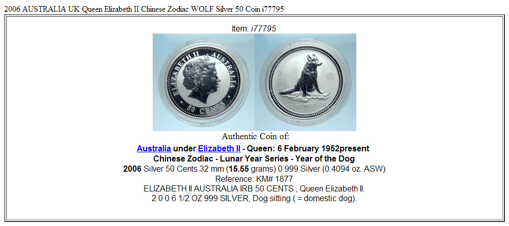 2006 AUSTRALIA UK Queen Elizabeth II Chinese Zodiac WOLF Silver 50 Coin i77795