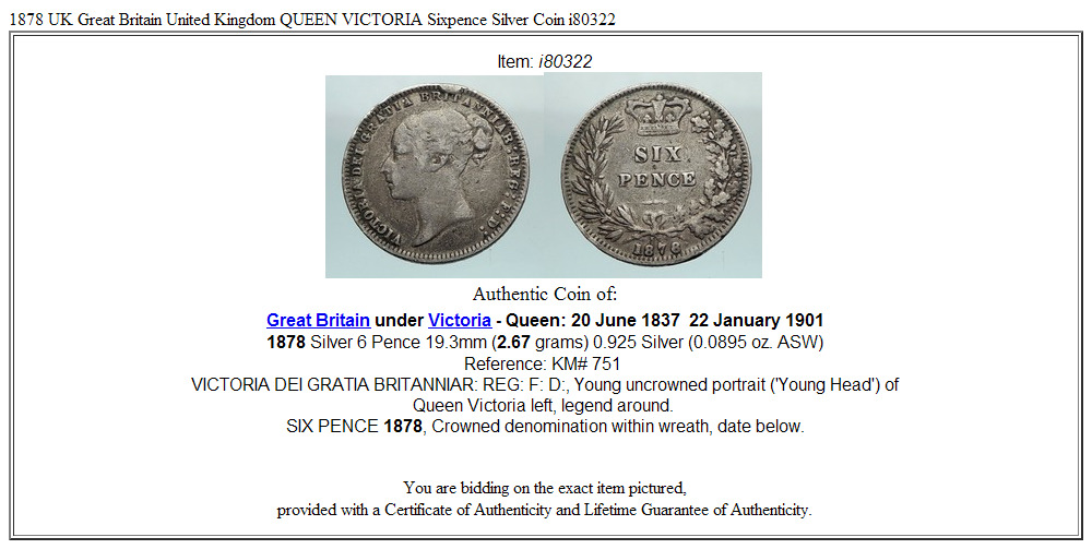 1878 UK Great Britain United Kingdom QUEEN VICTORIA Sixpence Silver Coin i80322